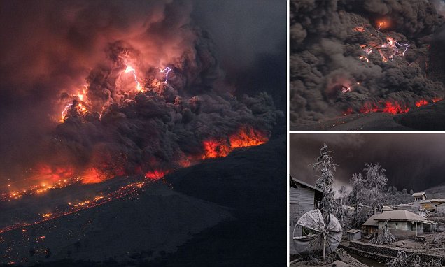 Sinabung Tampilkan Peristiwa Langka, Kilat di Tengah Hujan Abu